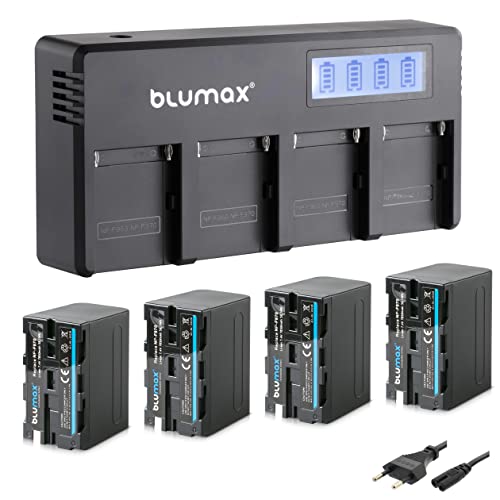 Blumax 4X Akku NP-F970 / NP-F750-7850mAh LG Zellen + LCD 4-Kanal Schnell-Ladegerät | kompatibel mit Sony NP-F990 NP-F960 für Blitzgeräte Videoleuchten Fieldmonitore von Blumax