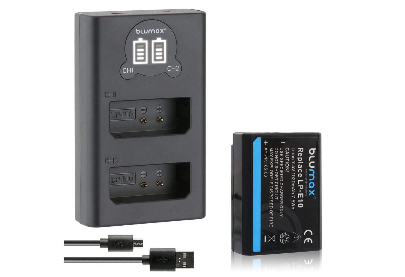 Blumax Akku + Lader für Canon LP-E10 1020 mAh (7,2V) Kamera-Ladegerät von Blumax