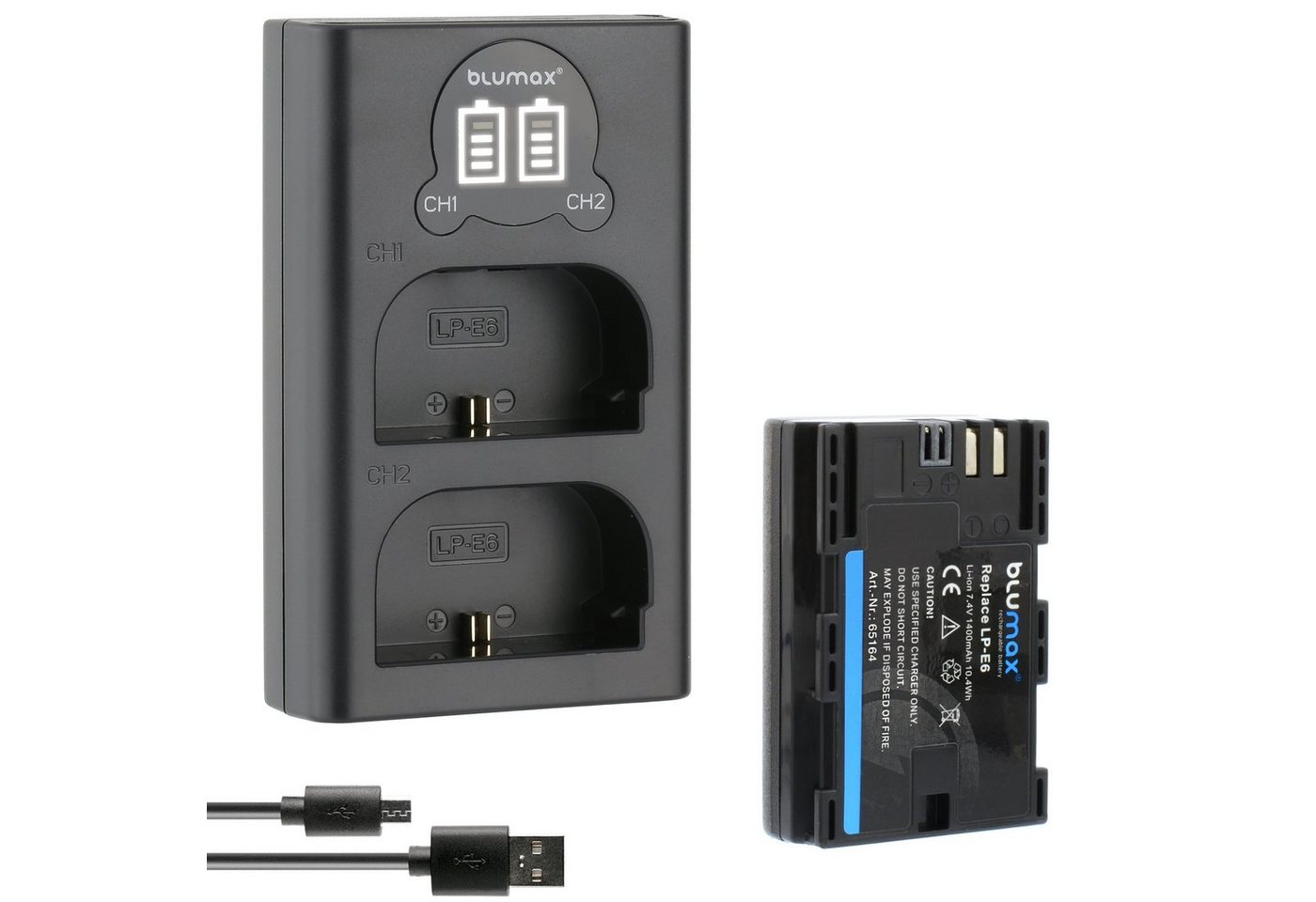 Blumax Akku + Lader für Canon LP-E6 1400 mAh (7,4V) Kamera-Ladegerät von Blumax