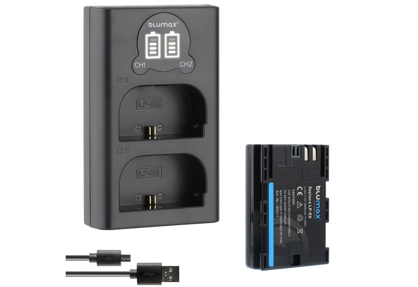 Blumax Akku + Lader für Canon LP-E6 1600 mAh (7,4V) Kamera-Ladegerät von Blumax