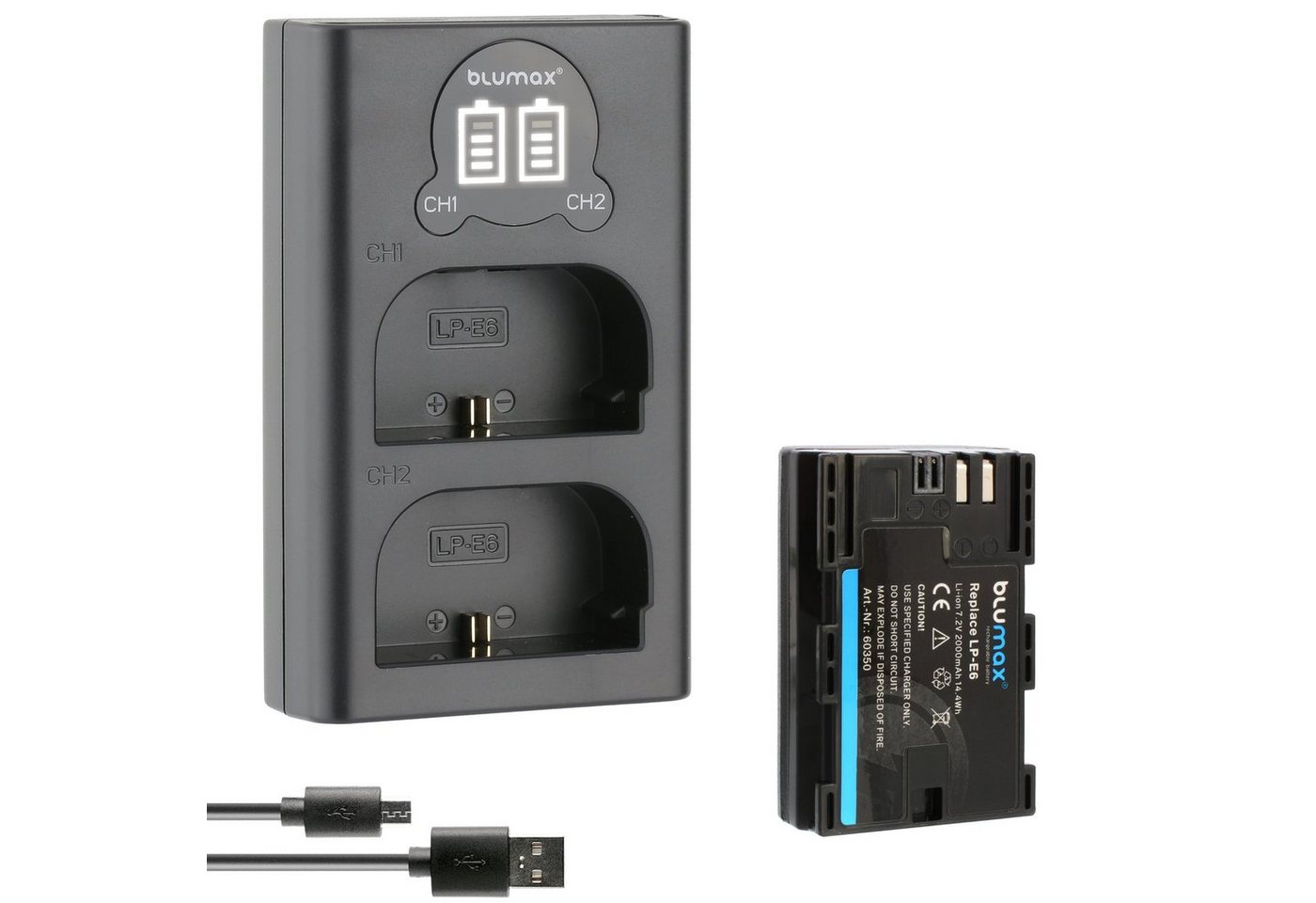 Blumax Akku + Lader für Canon LP-E6 2000 mAh (7,2V) Kamera-Ladegerät von Blumax