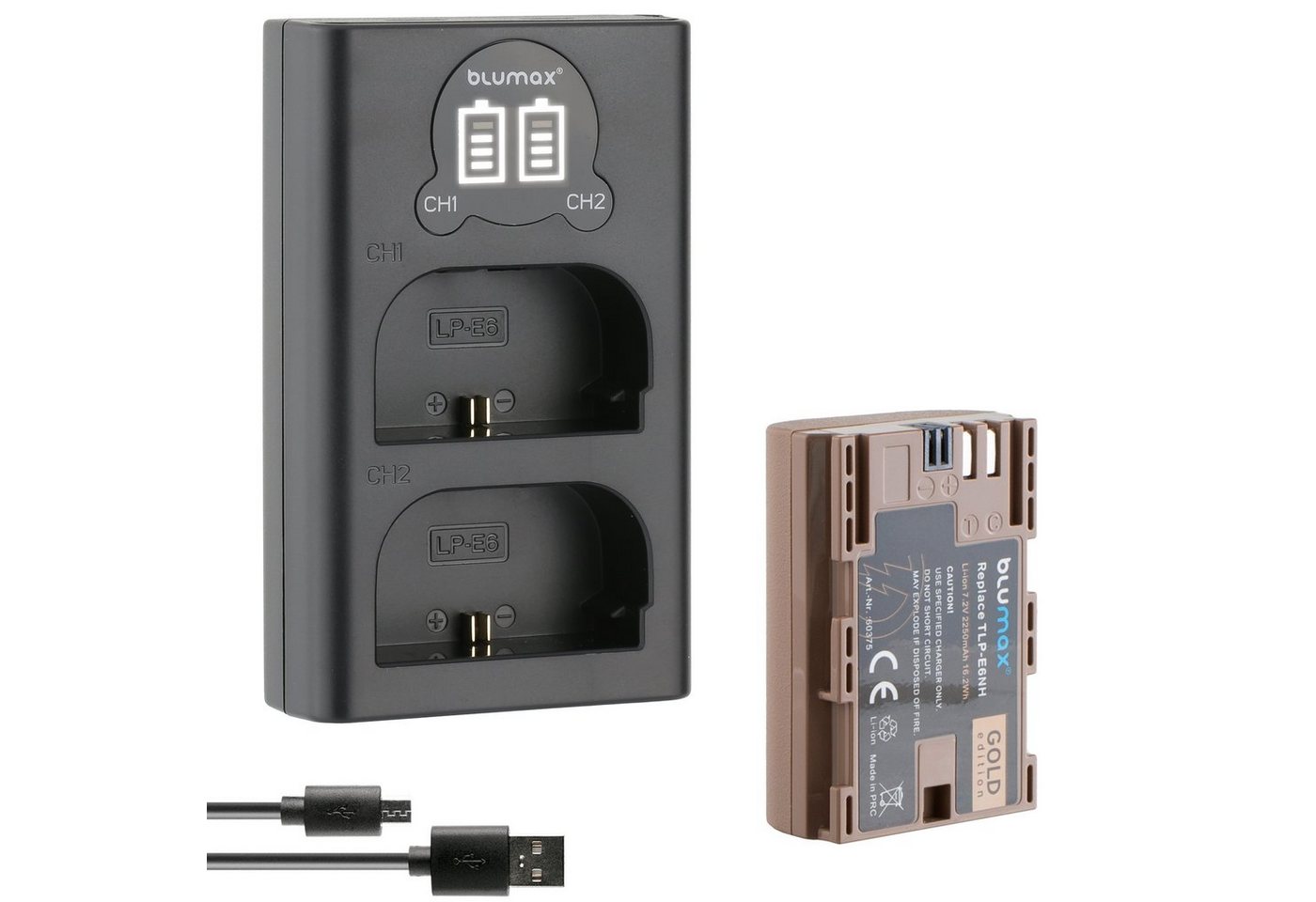 Blumax Akku + Lader für Canon LP-E6NH 2250 mAh + Typ C Kamera-Ladegerät Blumax Akku + Lader für Canon LP-E6NH 2250 mAh + Typ C Kamera-Ladegerät von Blumax