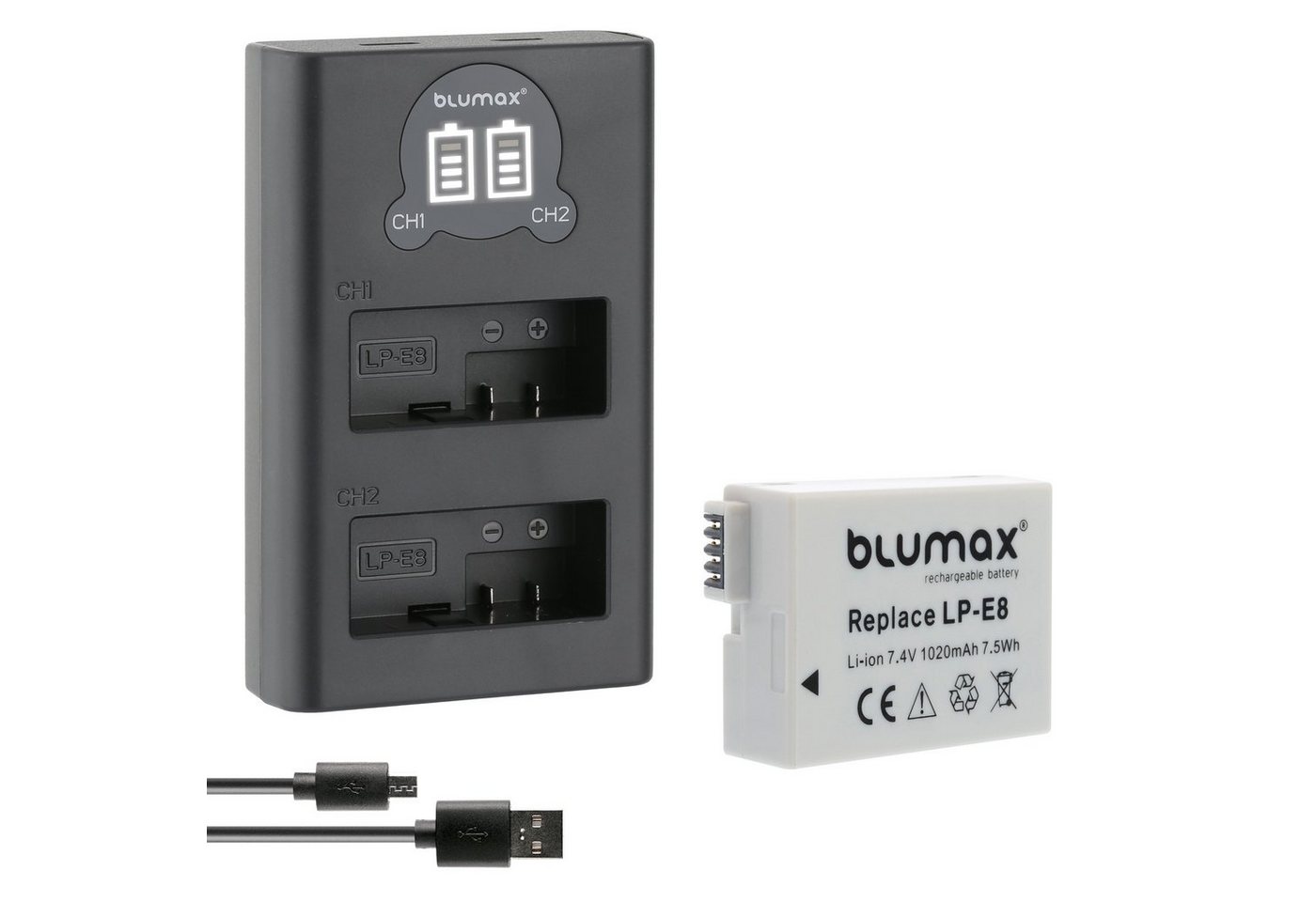 Blumax Akku + Lader für Canon LP-E8 EOS 550D 1020 mAh Kamera-Ladegerät von Blumax