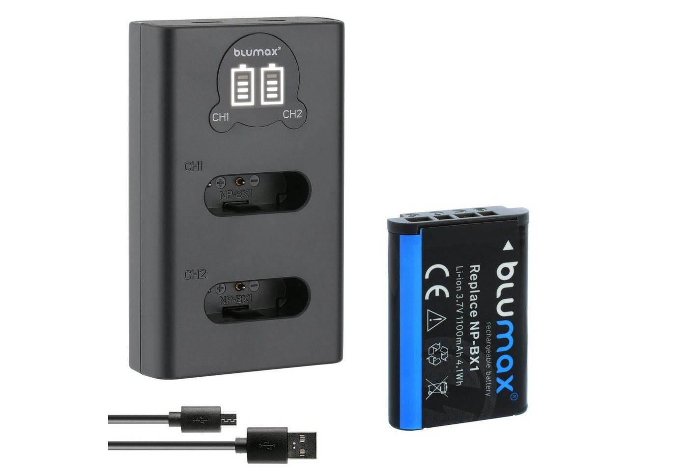 Blumax Akku + Lader für Sony NP-BX1 1100 mAh (3,6V) Kamera-Ladegerät von Blumax