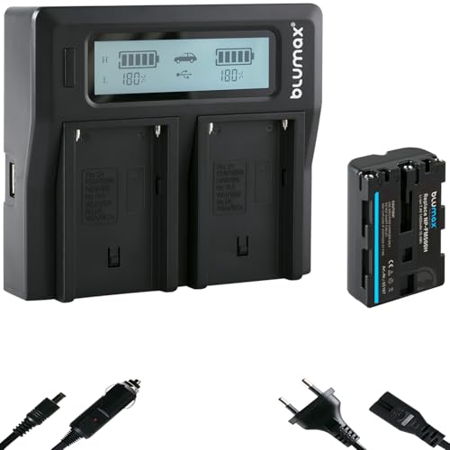 Blumax Akku NP-FM500H 1400mAh + Doppelladegerät NP-FM-500H Dual Charger | passend zu Sony Alpha A57 A58 A65 A65V A68 A77 A77V A99 A99 II UVM || 2 Akkus gleichzeitig Laden von Blumax