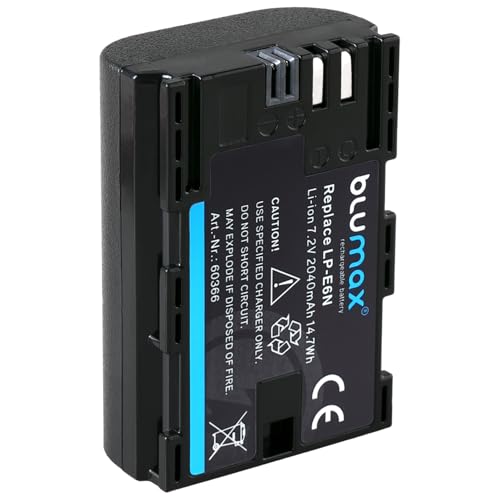 Blumax Akku kompatibel mit Canon LP-E6N |- 2040mAh -| LP-E6NH LP-E6 für Canon EOS-R EOS R Ra R5 R6 II R7-5D Mark II III IV - 6D 7D 60D 90D - XC15 von Blumax