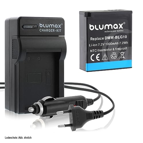Blumax DMW BLG10e Akku 1000mAh (NTC Temperatursensor & V1 Gehäuse) + Ladegerät kompatibel mit Lumix DC GX9 TZ202 TZ91 DMC TZ101 TZ81 GF6 GX7 GX80 LX100 G110 von Blumax
