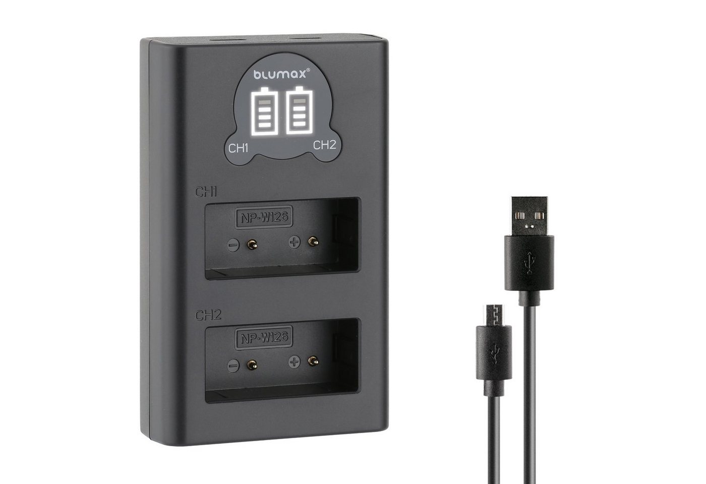 Blumax Dual LCD Ladegerät, für Fuji NP-W126 USB-C Kamera-Ladegerät von Blumax