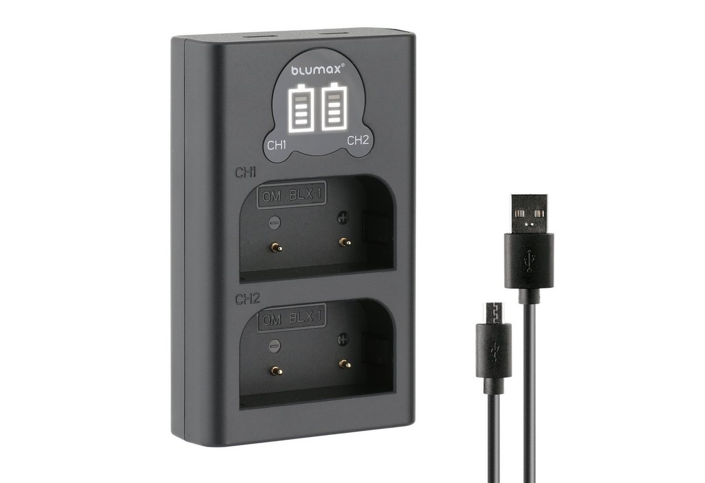 Blumax Dual LCD Ladegerät, für Olympus BLX-1 USB-C Kamera-Ladegerät von Blumax