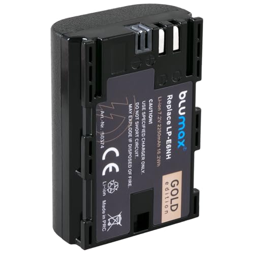 Blumax Akku kompatibel mit Canon LP-E6NH |- 2250mAh -| LP-E6N LP-E6 für Canon EOS-R EOS R Ra R5 R6 II R7-5D Mark II III IV - 6D 7D 60D 90D - XC15 von Blumax