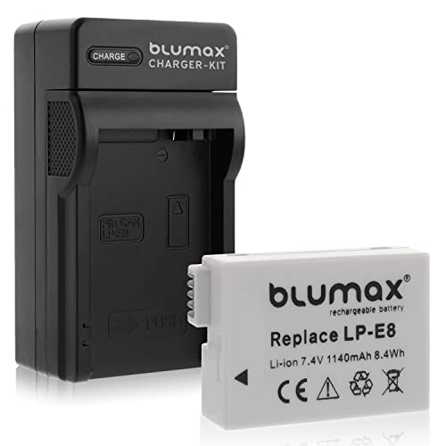Blumax Kamera Akku für Canon LP-E8 und Blumax Ladegerät für Canon Kamera LP-E8 Akku inkl. Netzteil und Stecker fürs Auto von Blumax