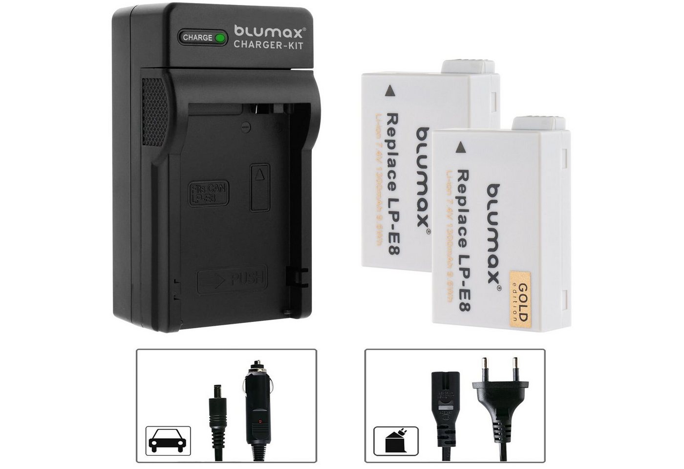 Blumax Set mit Lader für Canon EOS 550D, LP-E8 1260 mAh Kamera-Akku Blumax Set mit Lader für Canon EOS 550D, LP-E8 1260 mAh Kamera-Akku von Blumax