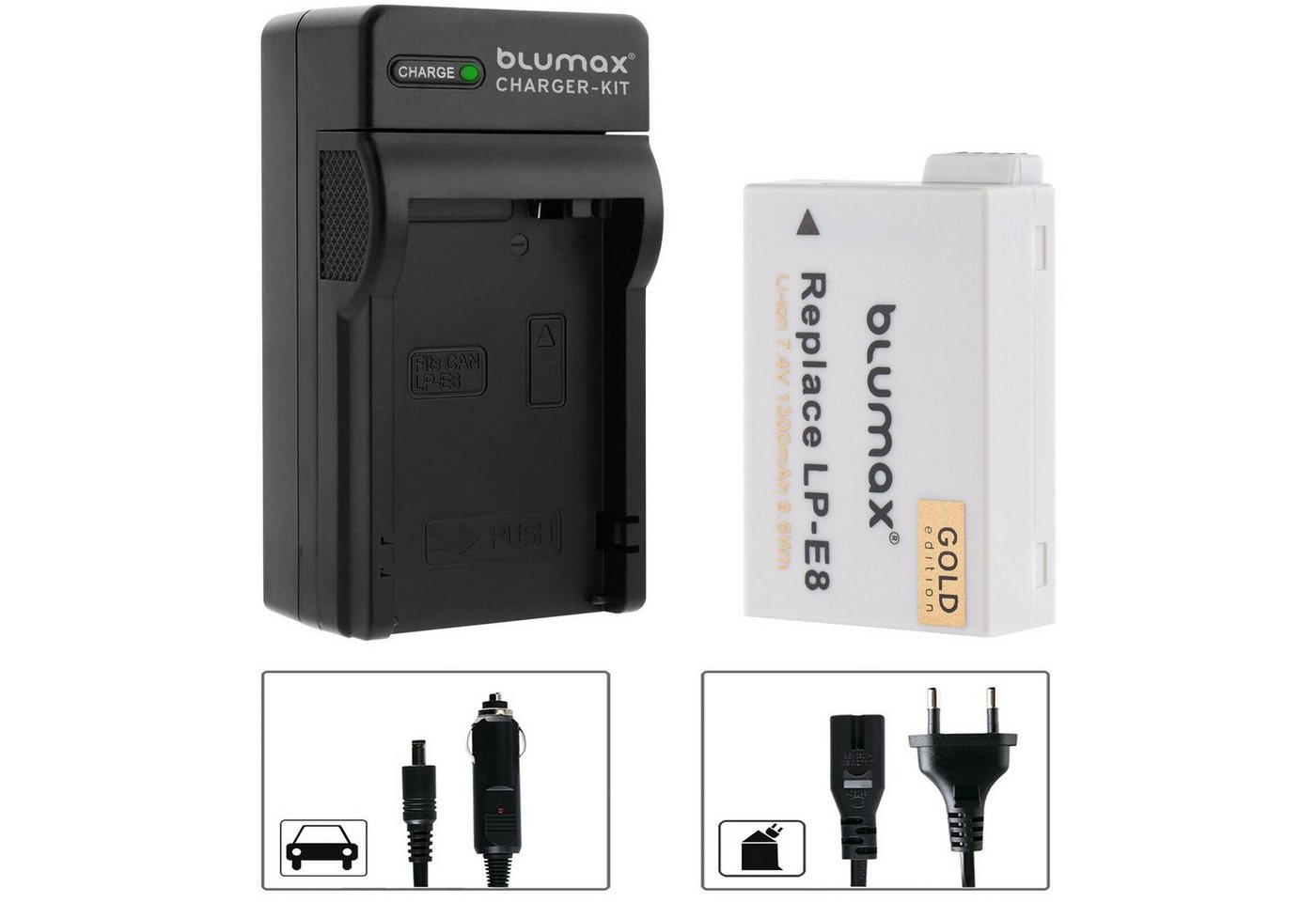 Blumax Set mit Lader für Canon EOS 550D, LP-E8 1260 mAh Kamera-Ladegerät Blumax Set mit Lader für Canon EOS 550D, LP-E8 1260 mAh Kamera-Ladegerät von Blumax