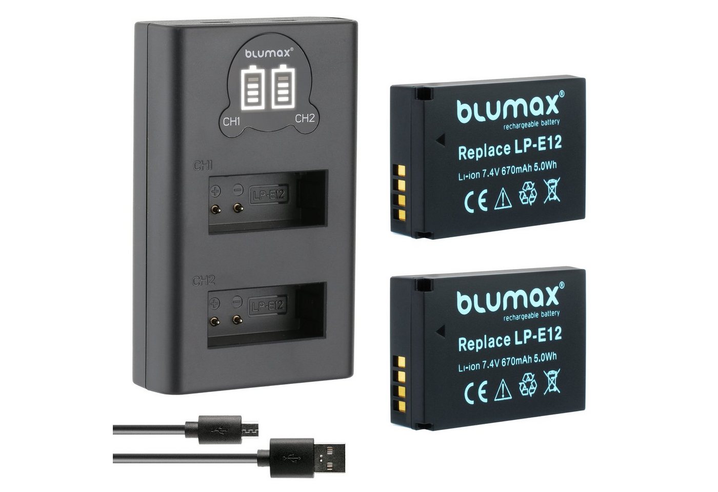 Blumax Set mit Lader für Canon LP-E12 670 mAh (7,2V) Kamera-Ladegerät von Blumax