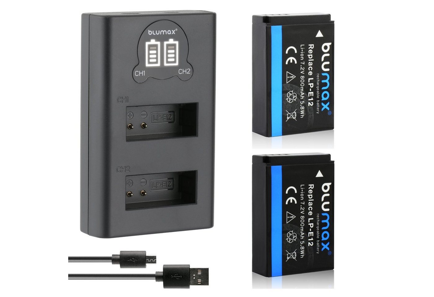 Blumax Set mit Lader für Canon LP-E12 800 mAh (7,2V) Kamera-Ladegerät von Blumax