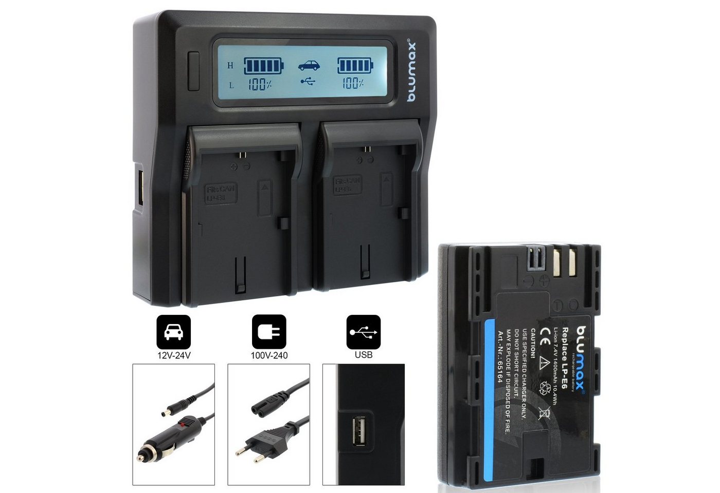 Blumax Set mit Lader für Canon LP-E6 LP-E6N 1400 mAh Kamera-Ladegerät von Blumax