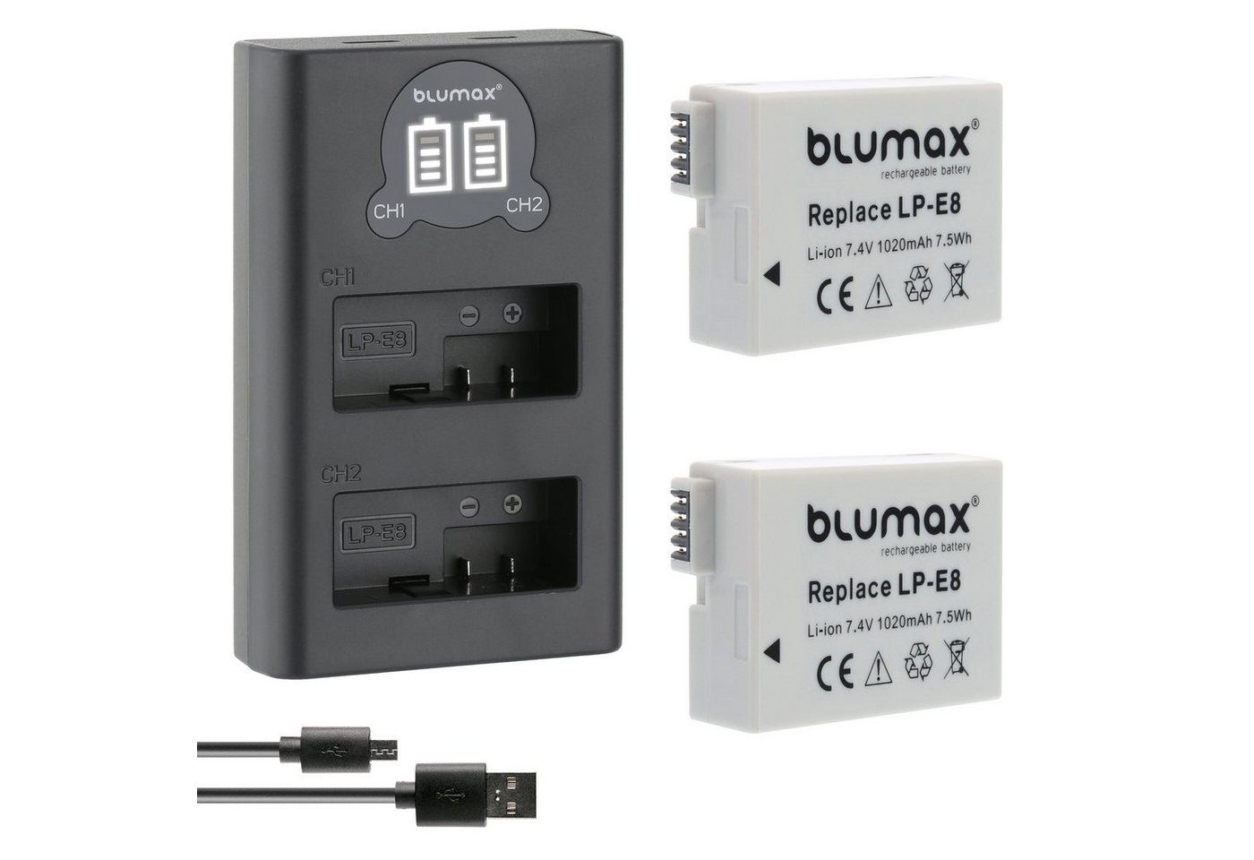 Blumax Set mit Lader für Canon LP-E8 EOS 550D 1020 mAh Kamera-Ladegerät von Blumax