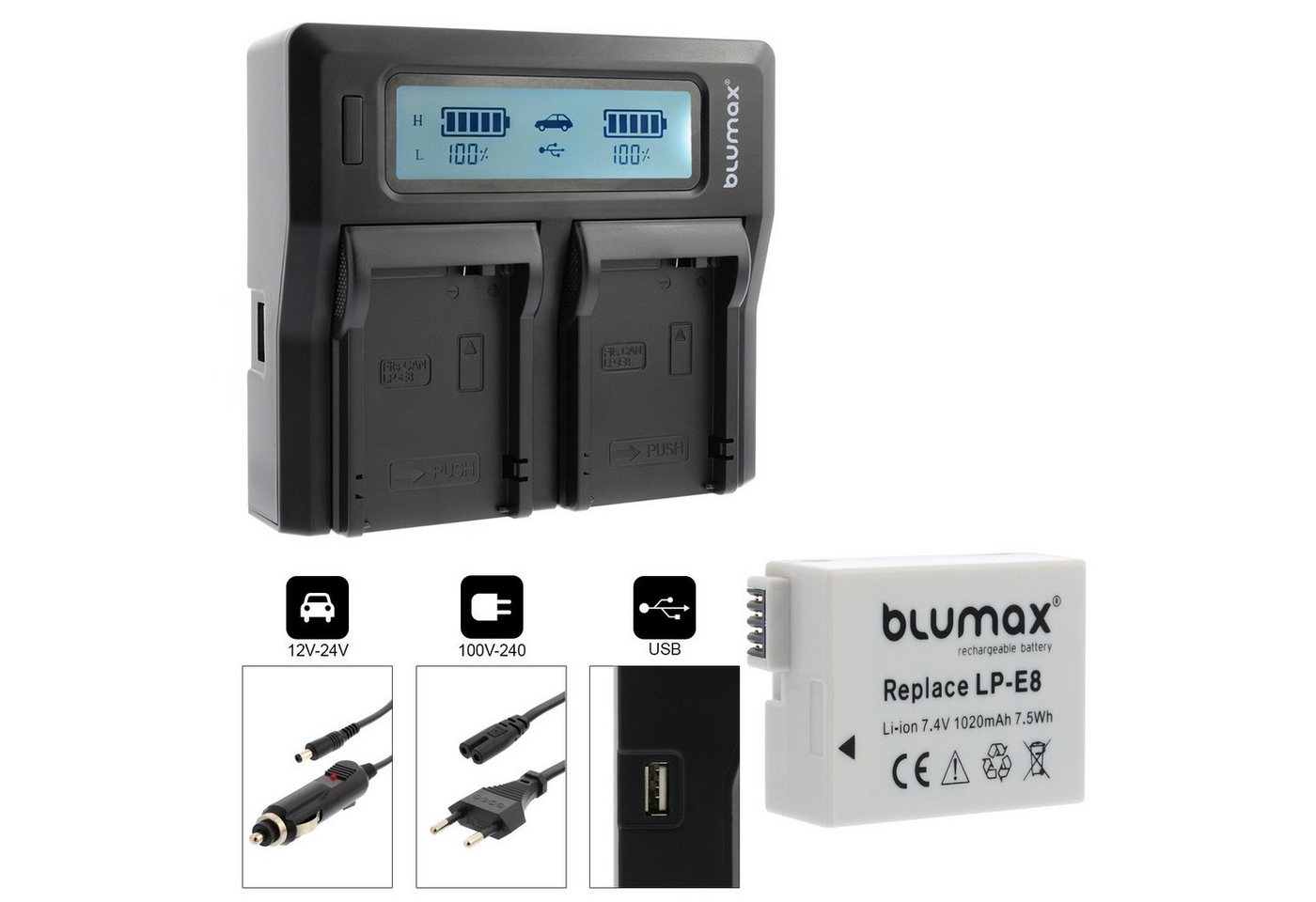Blumax Set mit Lader für Canon LP-E8 EOS 550D 1020 mAh Kamera-Ladegerät Blumax Set mit Lader für Canon LP-E8 EOS 550D 1020 mAh Kamera-Ladegerät von Blumax