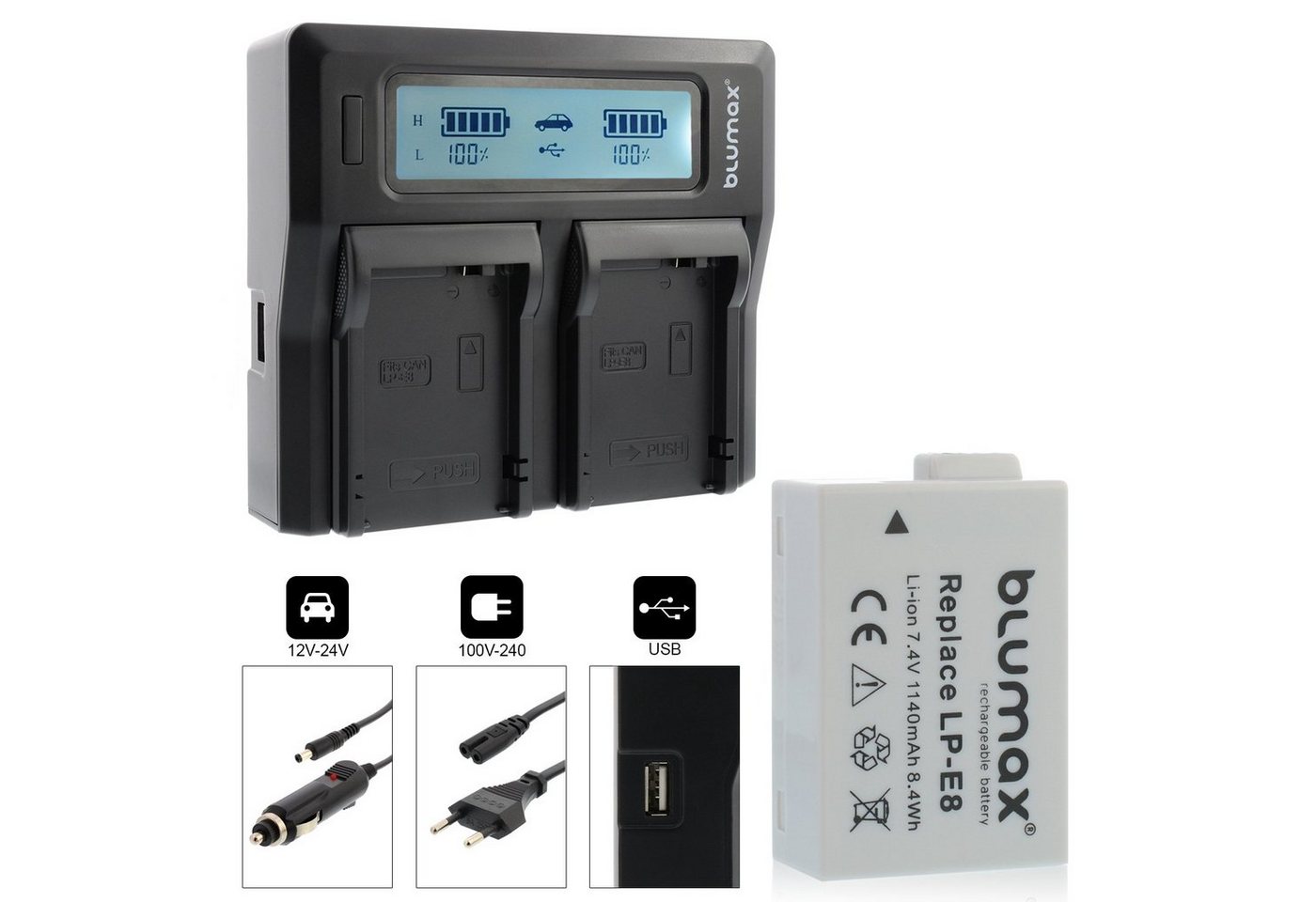 Blumax Set mit Lader für Canon Lp-E8 EOS 650D 700D 1140mAh Kamera-Ladegerät Blumax Set mit Lader für Canon Lp-E8 EOS 650D 700D 1140mAh Kamera-Ladegerät von Blumax