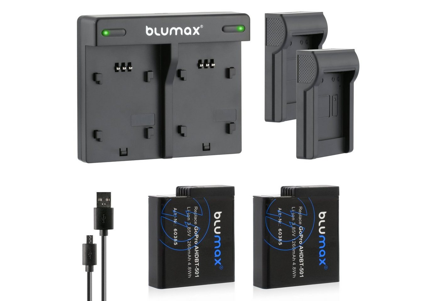 Blumax Set mit Lader für GoPro Hero 2018 AHDBT-501 1260mAh Kamera-Akku von Blumax