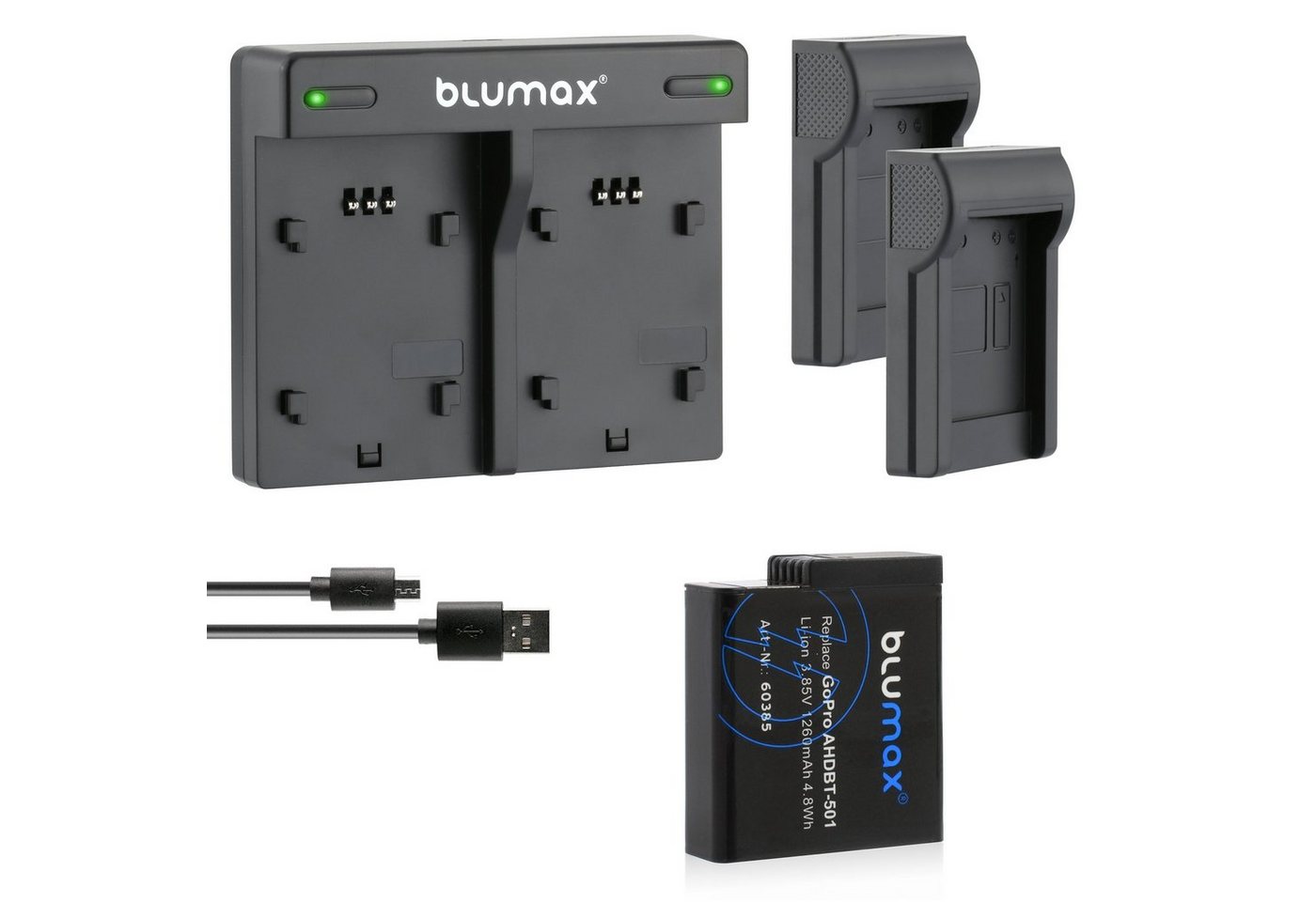 Blumax Set mit Lader für GoPro Hero 2018 AHDBT-501 1260mAh Kamera-Ladegerät von Blumax