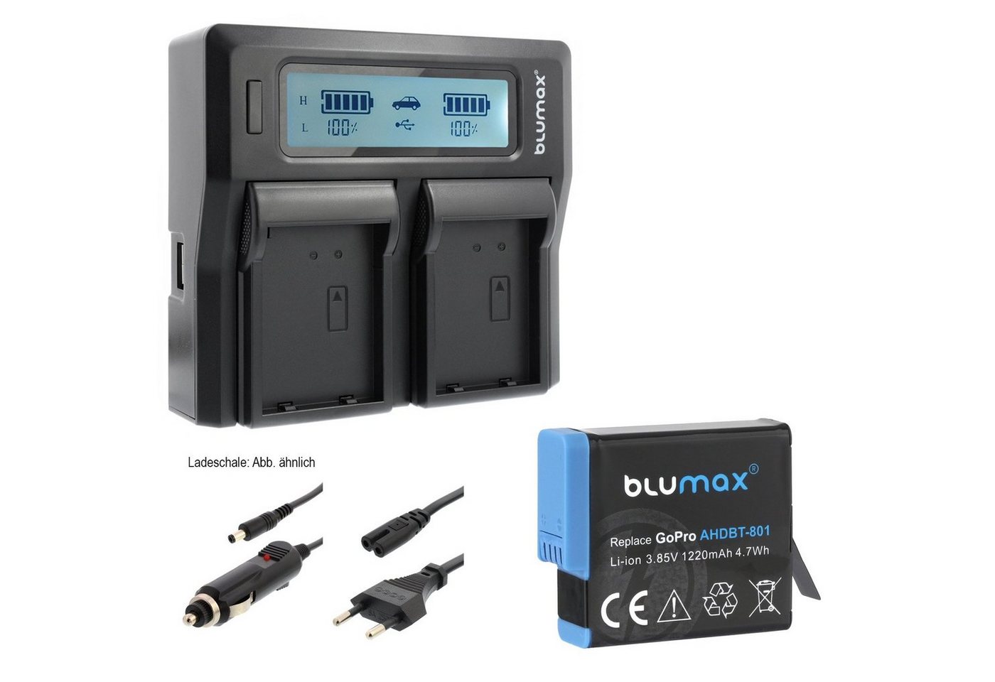 Blumax Set mit Lader für GoPro Hero AHDBT-801, 1220 mAh Kamera-Ladegerät von Blumax