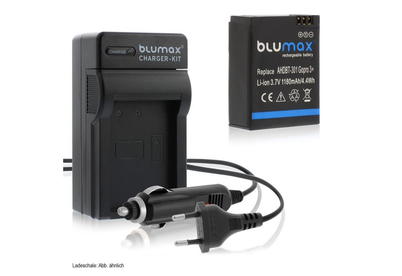 Blumax Set mit Lader für GoPro Hero3 AHDBT-301 1180 mAh Kamera-Ladegerät von Blumax