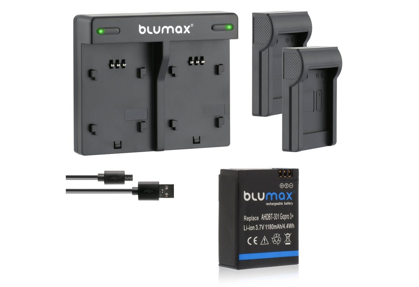 Blumax Set mit Lader für GoPro Hero3 AHDBT-301 1180 mAh Kamera-Ladegerät von Blumax