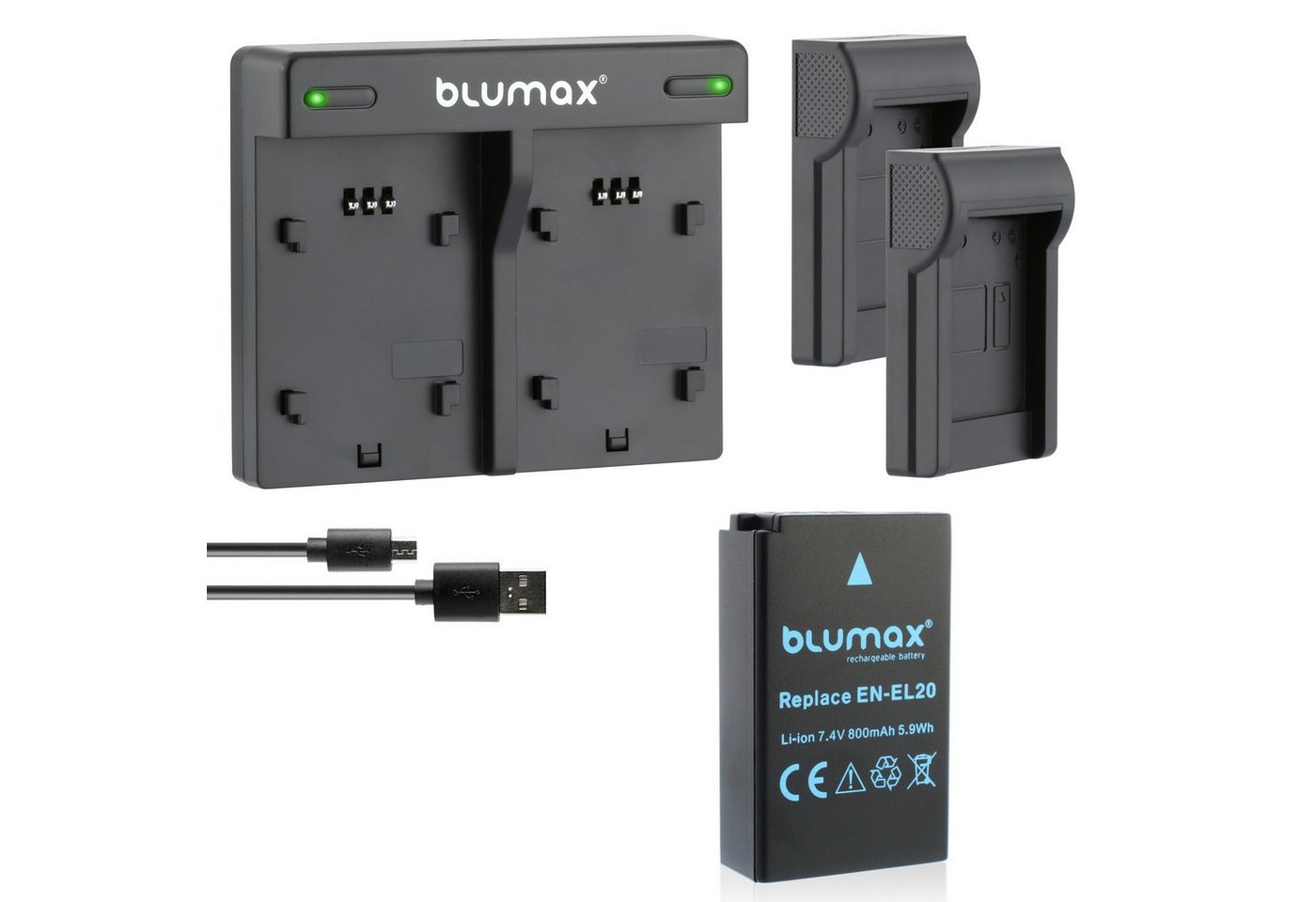 Blumax Set mit Lader für Nikon EN-EL20,1 J1,1 J2, 800 mAh Kamera-Ladegerät von Blumax