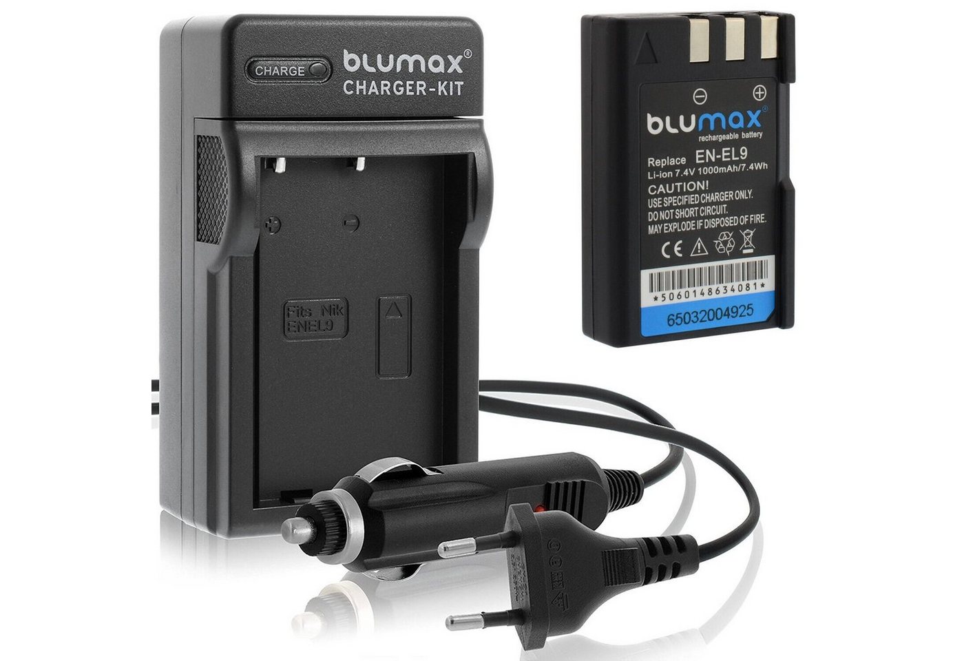 Blumax Set mit Lader für Nikon EN-EL9 DSLR D40 1000 mAh Kamera-Ladegerät von Blumax