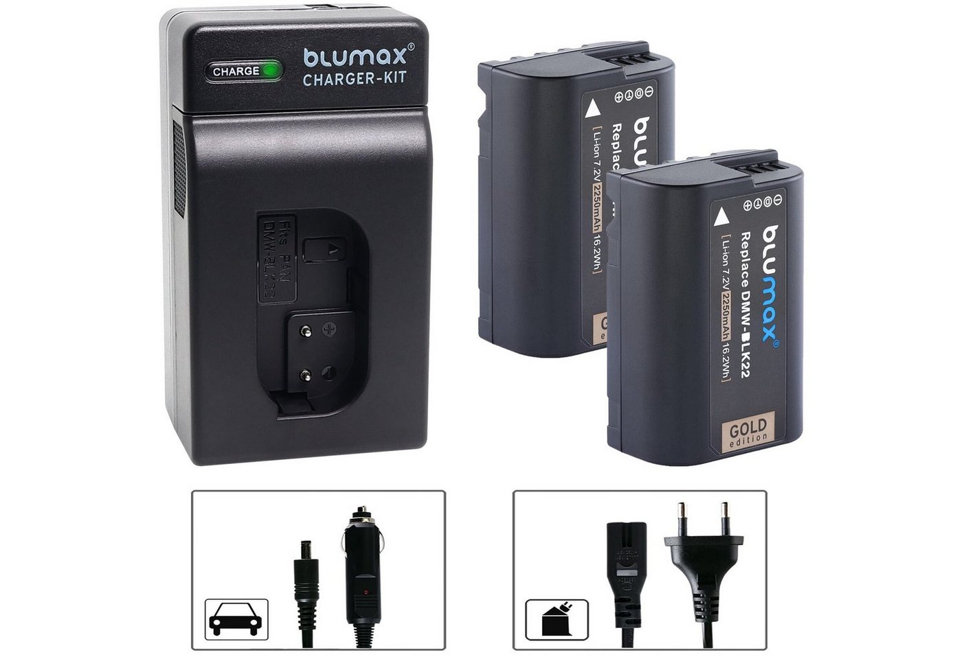 Blumax Set mit Lader für Panasonic DMW-BLK22 2250mAh Kamera-Akku von Blumax