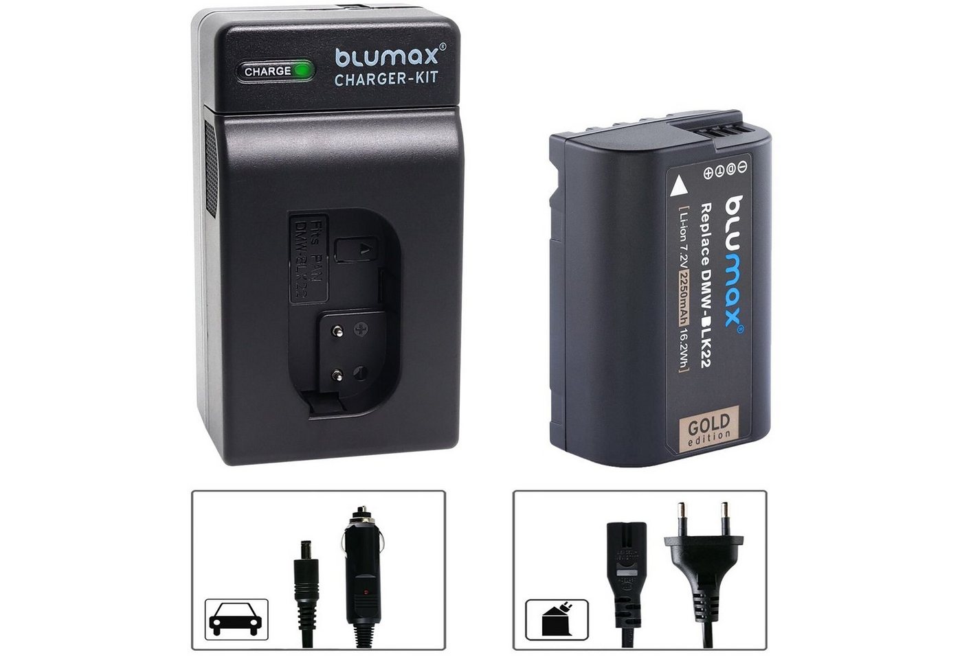 Blumax Set mit Lader für Panasonic DMW-BLK22 2250mAh Kamera-Ladegerät von Blumax