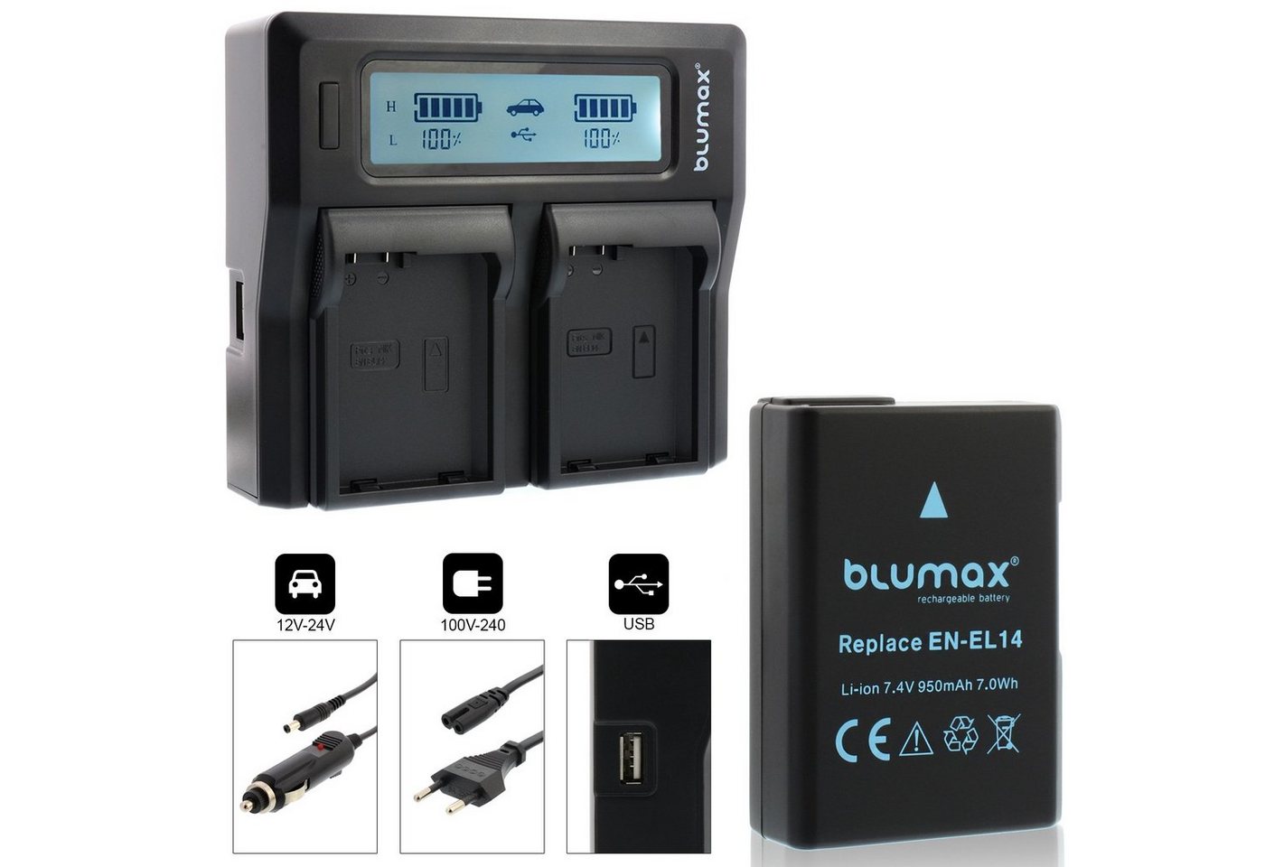 Blumax Set mit Laderr für Nikon EN-EL14 D5300 950 mAh Kamera-Ladegerät von Blumax
