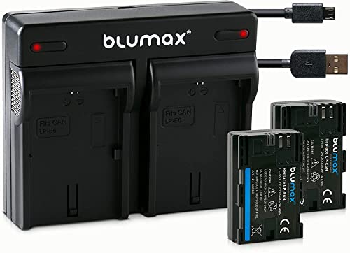 LP-E6N Blumax 2X Akku 2000mAh für Canon LP E6N + USB Mini Dual-Ladegerät für Canon EOS-R, EOS R, XC10 XC15 EOS 60D 70D 80D 5D Mark I Mark II Mark III IV 6D Mark I II 7D Mark I II von Blumax