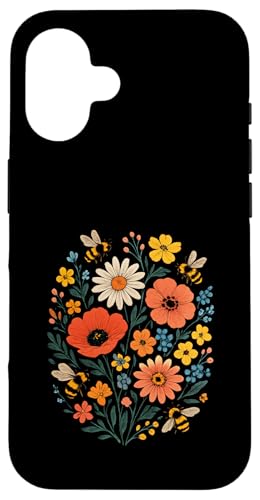 Bienen Blumen Cottagecore Botanical Vintage Hülle für iPhone 16 von Blumenmuster