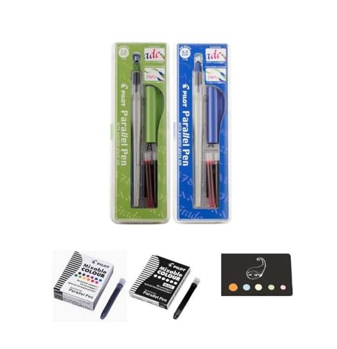 Blumie Shop Set mit 2 parallelen Stiftboxen: 3,8 mm + 6,0 mm + 6 schwarze Patronen + 12 verschiedene Farbpatronen + 1 Blumie-Klebeindex (grün + blau). von Blumie Shop