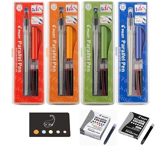 Pilot Parallel Pen 4er-Set Stifte: 1,5 mm + 2,4 mm + 3,8 mm + 6,0 mm + 12 Tintenpatronen, 6 schwarze Patronen + 1 Lineal/Lesezeichen aus Holz von Blumie Shop