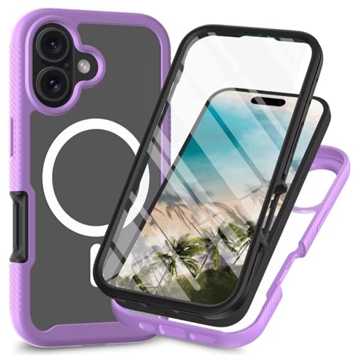 Bnvdfre 2 in 1 Magnetisch Hülle für iPhone 16 Handyhülle mit eingebautem Displayschutz [Kompatibel mit Magsafe], [Vergilbt Nicht] Stoßfest rutschfest Schutzhülle 360 Grad vollschutz - Lila von Bnvdfre