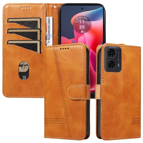 Bnvdfre Handyhülle für Motorola Moto G35 5G Hülle Leder Klapphülle [3 Kartenfach] [Magnetverschluss] [Standfunktion] Schutzhülle TPU Stoßfest Cover Case - Gelb von Bnvdfre