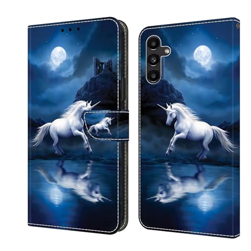 Bnvdfre Handyhülle für Samsung Galaxy A15 Klapphülle PU Leder Hülle Magnet Stoßfeste Kartenfach Klappbar Schutzhülle Silikon Case Cover mit Muster Motiv Flip Handytasche - Einhorn von Bnvdfre