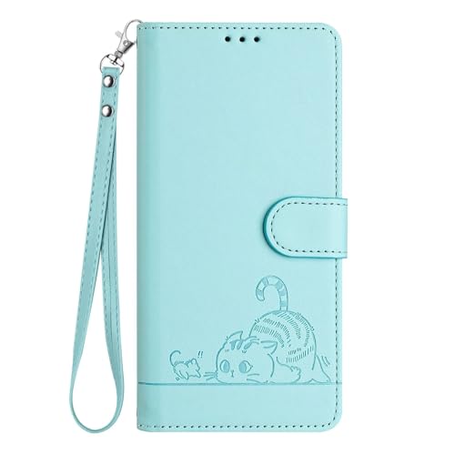 Bnvdfre Handyhülle für Samsung Galaxy S24 Hülle Leder Katze Muster Motiv [RFID Schutz][Standfunktion][Kartenfächern] Klappbar Flip Stoßfeste Wallet Case Cover für Samsung S24 - Hellgrün von Bnvdfre