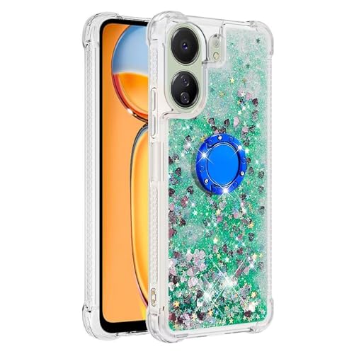 Bnvdfre Handyhülle für Xiaomi Redmi 13C 4G Hülle Glitzer 3D Bling Sparkle Treibsand Fließende Flüssigkeit TPU mit Rotating Ring Ständer Stoßfest Schutzhülle Case - Green Heart von Bnvdfre