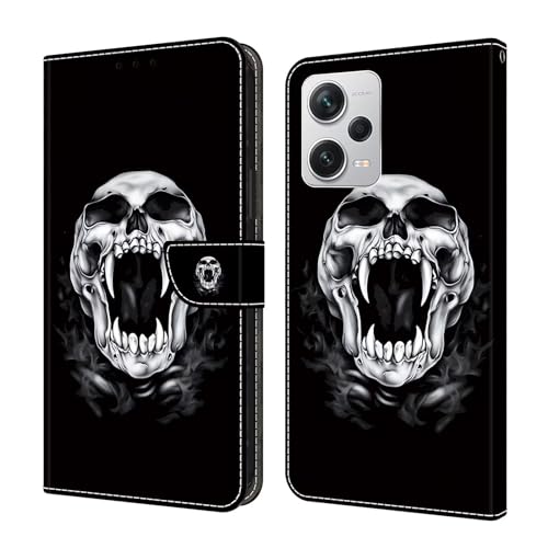 Bnvdfre Handyhülle für Xiaomi Redmi Note 13 4G Klapphülle PU Leder Hülle Magnet Stoßfeste Kartenfach Klappbar Schutzhülle Silikon Case Cover mit Muster Motiv Flip Handytasche - Totenkopf von Bnvdfre