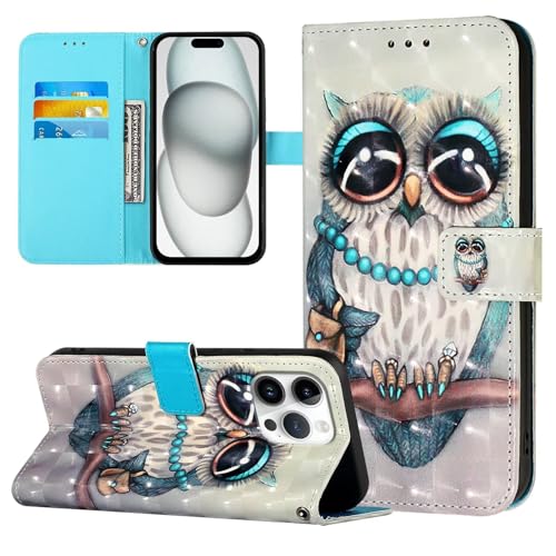 Bnvdfre Handyhülle für iPhone 15 Hülle Leder Muster Klappbar [Kartenschlitzen] [Magnetverschluss] [Standfunktion] Schutzhülle Motiv TPU Stoßfest Cover Case - Eule von Bnvdfre