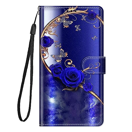 Bnvdfre Handyhülle für iPhone 15 Hülle mit Schön Motiv Ledercase PU Schutzhülle Stoßfeste Klapphülle [360 Grad Stoßfest] [Kartenfachr] -Blaue Rose von Bnvdfre