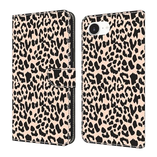 Bnvdfre Handyhülle für iPhone 16e Hülle PU Leder Klapphülle Magnet Stoßfeste Kartenfach Klappbar Schutzhülle Silikon Case Cover mit Muster Motiv Flip Handytasche - Leopardenmuster von Bnvdfre