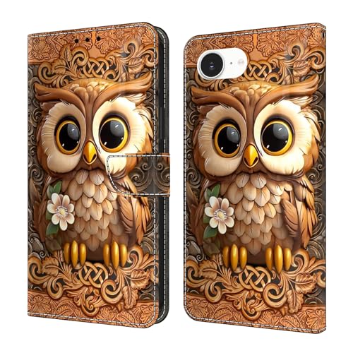 Bnvdfre Handyhülle für iPhone 16e Hülle PU Leder Klapphülle Magnet Stoßfeste Kartenfach Klappbar Schutzhülle Silikon Case Cover mit Muster Motiv Flip Handytasche - Eulen von Bnvdfre