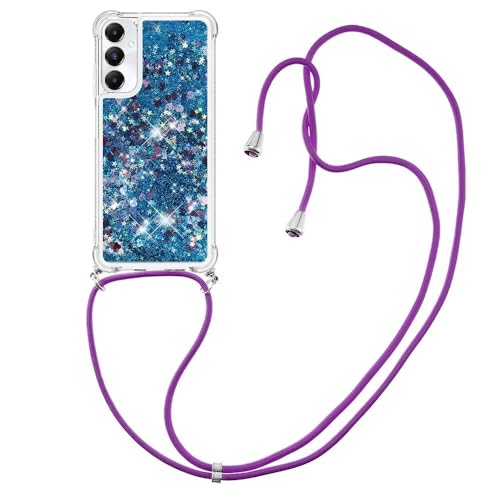 Bnvdfre Handykette für Samsung Galaxy A05S 4G Hülle mit Band, Handyhülle Silikon Durchsichtig Transparent Floating Flüssig Glitzer mit Kordel Umhängenband TPU Stylische Schutzhülle Case - Blue Heart von Bnvdfre