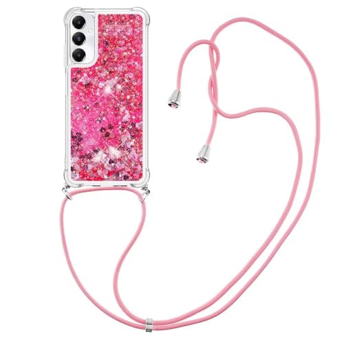 Bnvdfre Handykette für Samsung Galaxy A05S 4G Hülle mit Band, Handyhülle Silikon Durchsichtig Transparent Floating Flüssig Glitzer mit Kordel Umhängenband TPU Stylische Schutzhülle Case - Rosa Herz von Bnvdfre