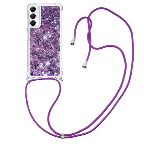 Bnvdfre Handykette für Samsung Galaxy A05s 4G Hülle mit Band Handyhülle Silikon Durchsichtig Transparent Floating Flüssig Glitzer mit Kordel Umhängenband TPU Stylische Schutzhülle Case - Purple Heart von Bnvdfre